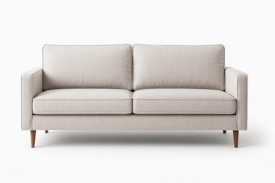 Modern three seater light warm grey fabric sofa straight front view on white background for living room furniture interior and home staging themes