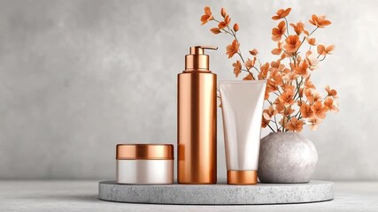 A collection of copper and white cosmetic containers including a pump bottle jar and tube arranged with orange flowers in a vase on a concrete pedestal against a grey background - Powered by Adobe