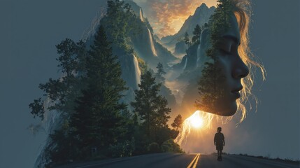 Surreal mountain landscape merging with woman profile at sunrise