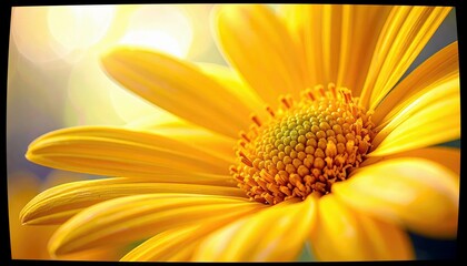 A macro shot focuses on the intricate details of a bright yellow daisy, highlighting its petals and central disk against a blurred, luminous background.