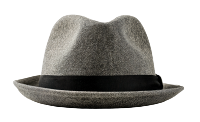 Grey felt fedora with black band against a dark background