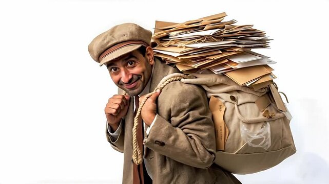 A man carrying a large pile of mail on his back