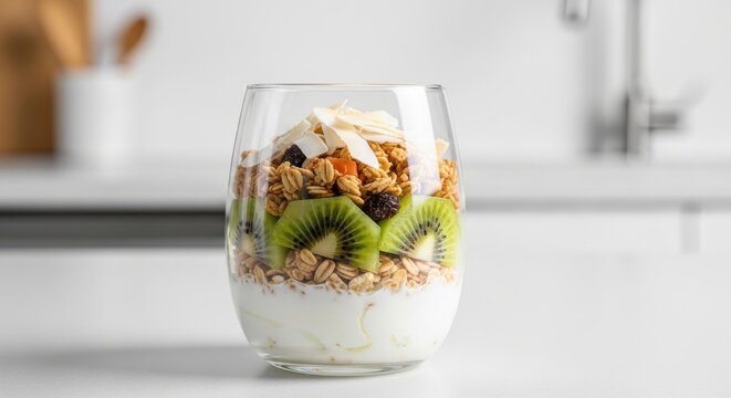 A healthy breakfast parfait in a clear glass, featuring layers of yogurt, granola, kiwi slices, and dried fruit, set against a bright, clean kitchen background - Powered by Adobe