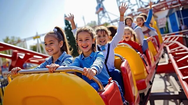 A group of children riding a roller coaster at an amusement park