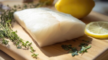 Fresh halibut fillet with herbs and lemon. Generative AI