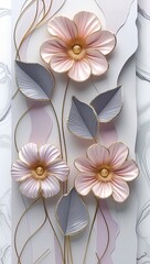 Elegant floral art: pink & grey 3D flowers with gold accents on marble white. Poster, vertical wallart