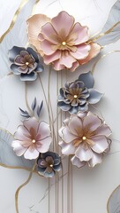 Elegant floral art: pink & grey 3D flowers with gold accents on marble white. Poster, vertical wallart