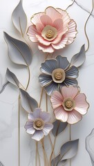 Elegant floral art: pink & grey 3D flowers with gold accents on marble white. Poster, vertical wallart