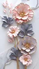 Elegant floral art: pink & grey 3D flowers with gold accents on marble white. Poster, vertical wallart
