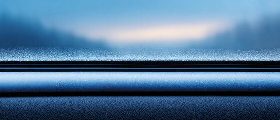 Close-up of frost-covered car dashboard and windshield with blurred blue and orange background in early morning light
