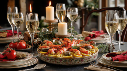 Elegant holiday dinner table with seafood platter, candles, and sparkling wine in a cozy festive setting