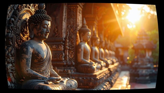 A line of stone Buddha statues sit in meditation, illuminated by the warm glow of a setting sun.