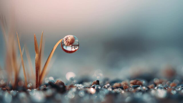 raindrop magnified into tiny world on pastel background, surreal natural minimal vibe 