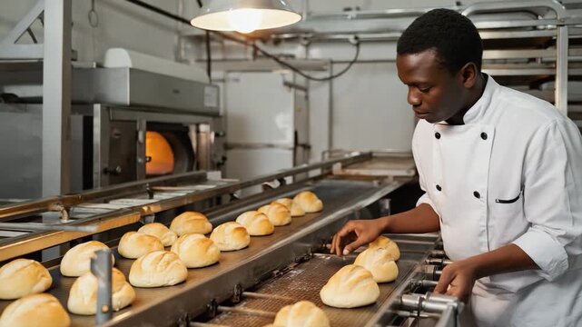 Baker Inspecting Fresh Bread Loaves on Industrial Production Line