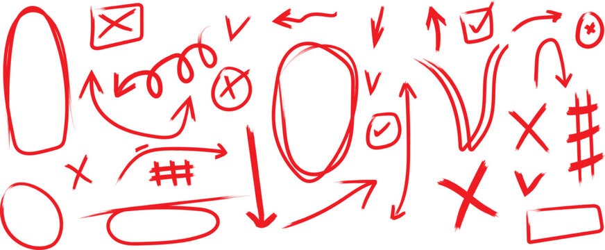 Red pencil hand drawn various oval, chalked arrows, check marks. Vector doodle marker drawing. Hand drawn charcoal symbols for diagrams. Freehand grunge red strikethrough and underline elements. 