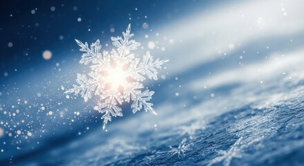Delicate snowflake with intricate details glistening on an icy blue background