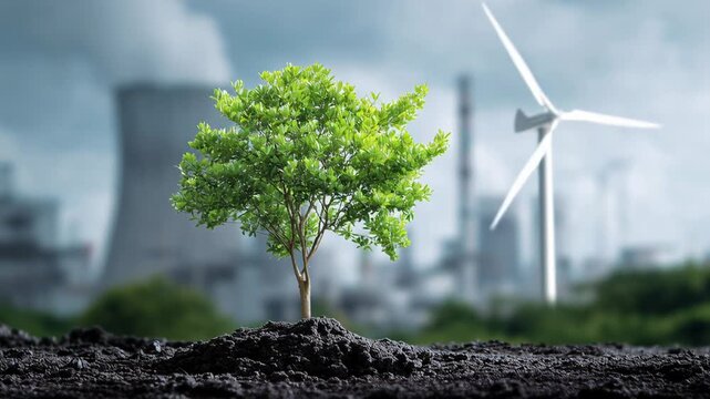 young green tree against industrial skyline, sapling rooted in dark soil with wind turbine and cooling tower blurred in background, moody cloudy sky, visual