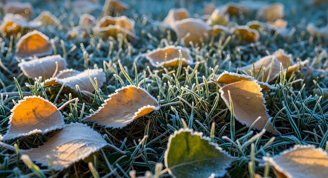Golden autumn leaves dusted with frost sparkle on grass during a crisp morning sunrise
