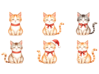 Collection of a Cute group of playful domestic cats and kittens posing together icon on a white background