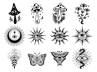 Mystical boho celestial set, Vector illustration. Flower moon, sun, Eye, Crystal, Hand drawn logo line art