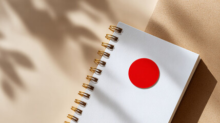 Minimalist spiral notebook with blank white pages and a red circular sticker on beige background with soft shadow patterns
