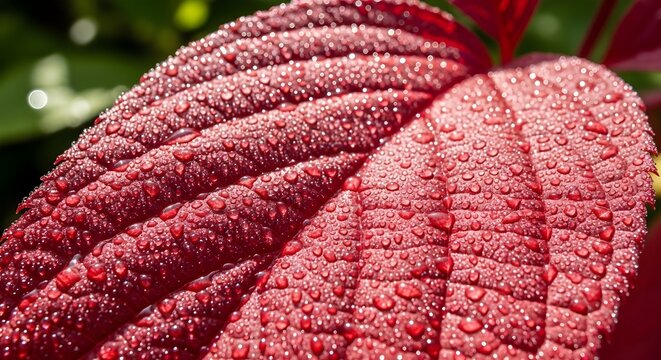 Stunning macro view of vibrant red leaf covered in sparkling morning dew droplets, capturing nature's delicate beauty