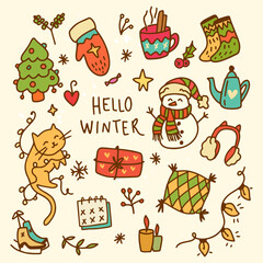 Winter cozy doodle set. Warm clothes, drinks, books, gifts, candles, mittens, socks, snowflakes and others. Cute line art vector. Retro color Hello winter