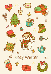 Winter cozy doodle set. Warm clothes, drinks, books, gifts, candles. Greeting card. Line art vector. on white background. Christmas mood
