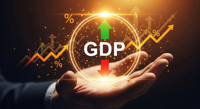 Gross Domestic Product GDP growth concept with hand holding digital economic chart showing increasing profit investment and financial success