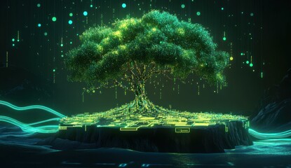 Vibrant digital tree with glowing circuit roots and data streams, symbolizing nature's technology and interconnected network.