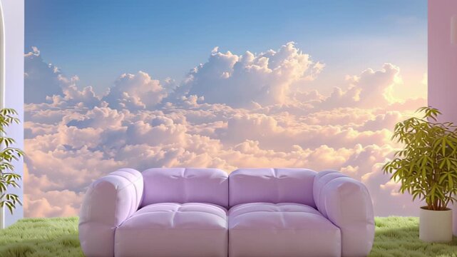pastel room with grass floor and sky ceiling, surreal indoor natural vibe