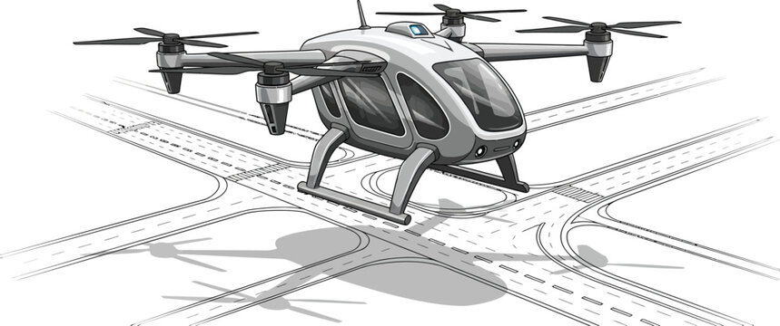 Autonomous flying car drone over city intersection