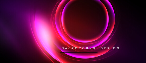 Abstract neon lights create vibrant circular shapes. Dark background emphasizes glowing pink, purple hues. Modern design element.