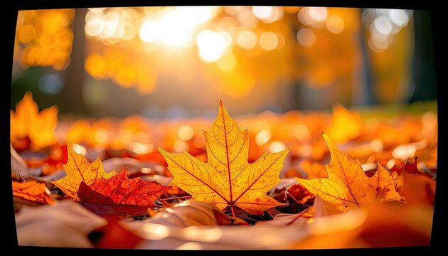 A close-up view of fallen maple leaves in warm autumn colors, illuminated by soft sunlight and blurred bokeh lights.