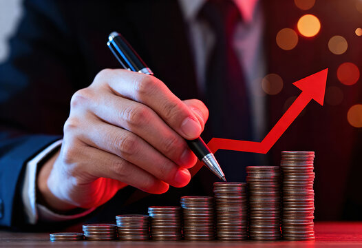 GDP Businessman hand with pen pointing at rising coin stacks, symbolizing financial profit, investment growth, and positive stock market analysis