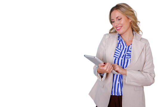 Professional businesswoman looking at tablet, connecting with digital resources, developing ideas, thinking and planning. Transparent background