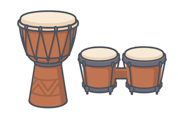 Djembe and bongo drums set percussion instruments for music and rhythm
