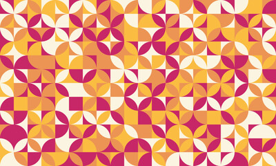 Vibrant geometric pattern featuring a captivating interplay of circles and squares in warm, autumnal hues. Ideal for backgrounds, textiles, or modern design projects.