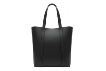 Black leather tote bag isolated on a transparent background