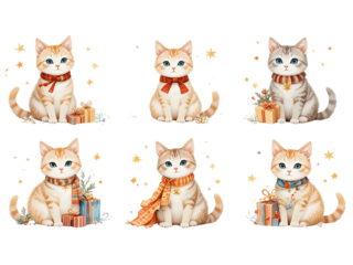 Collection of a Cute group of playful domestic cats and kittens posing together icon on a white background