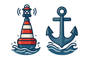 Striped marine navigation buoy and heavy ship anchor floating on ocean waves