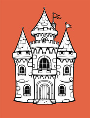 Fototapeta premium Black and white illustration of a cartoon castle in line art style. Fairy tale fortress with towers, flags, and a large door. Isolated vector suitable for children's coloring books or medieval symbols