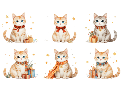Collection of a Cute group of playful domestic cats and kittens posing together icon on a white background