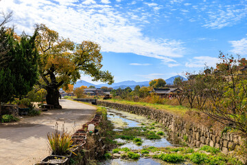 A stream and autumn scenery in Yangdong Village, an old village in Gyeongju, Korea.
