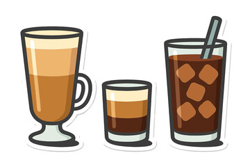 Set of three popular coffee drinks: layered latte, espresso shot, and iced beverage