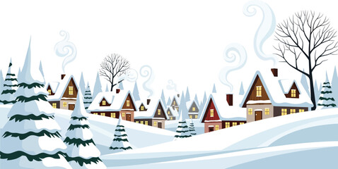 Cozy winter village with snowcovered houses and trees
