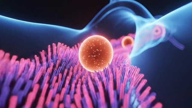 Microscopic Medical Animation of Female Reproductive Egg Cell Transport Through Fallopian Tube Cilia Detailed Scientific Visualization