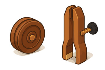 Wooden leather crafting tools including a spool of material and a stitching clamp device