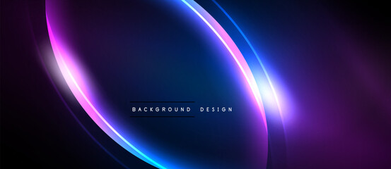 Abstract neon curves create dynamic background. Vivid purple, blue hues blend, forming modern design element. Minimalist aesthetic.
