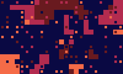 Abstract pixel art background.  Vibrant red, orange, and maroon squares on a deep blue backdrop.  Perfect for tech, gaming, or modern design projects.